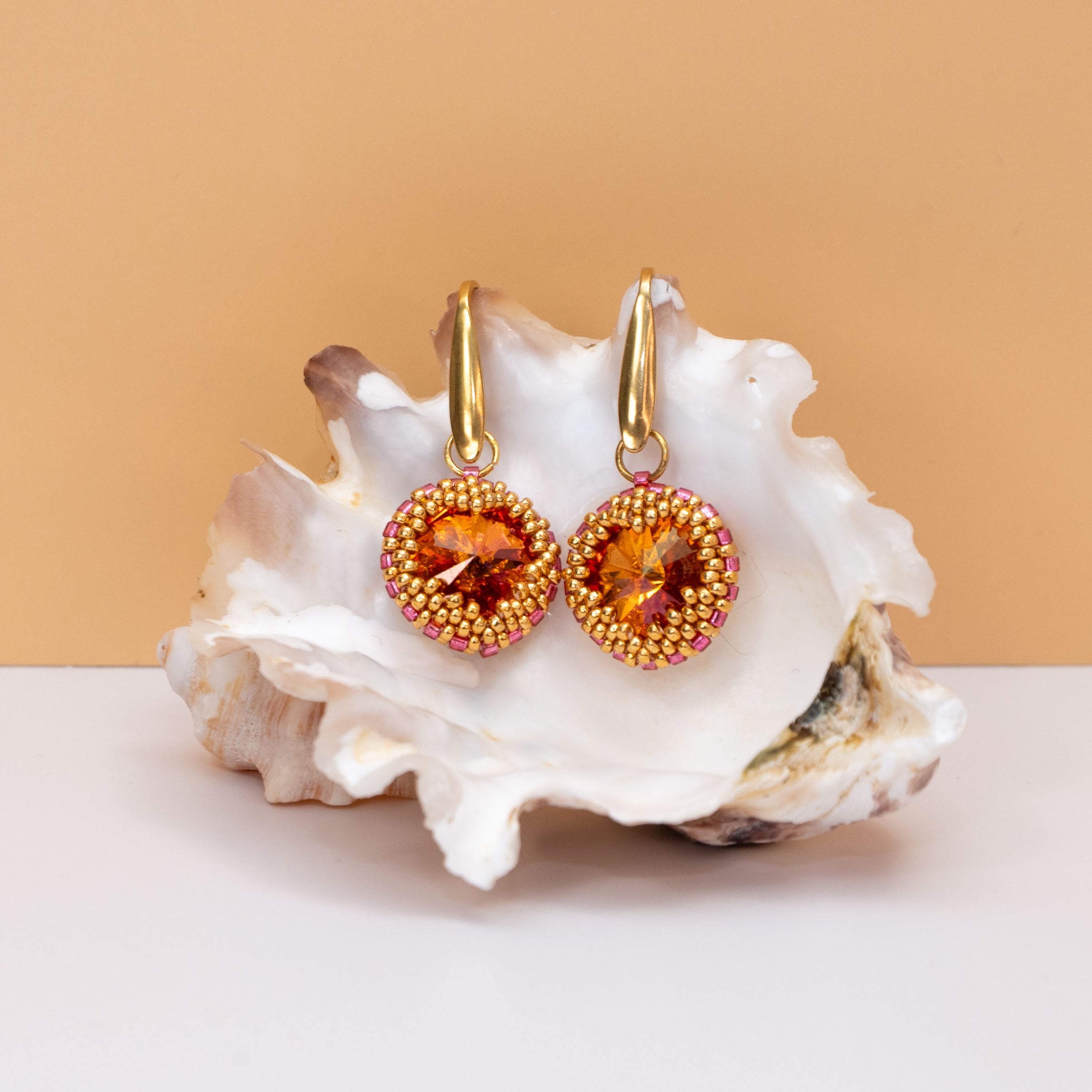 Orange Crystal Earrings - Beaded Heart Shaped Earrings with Crystal Rivoli