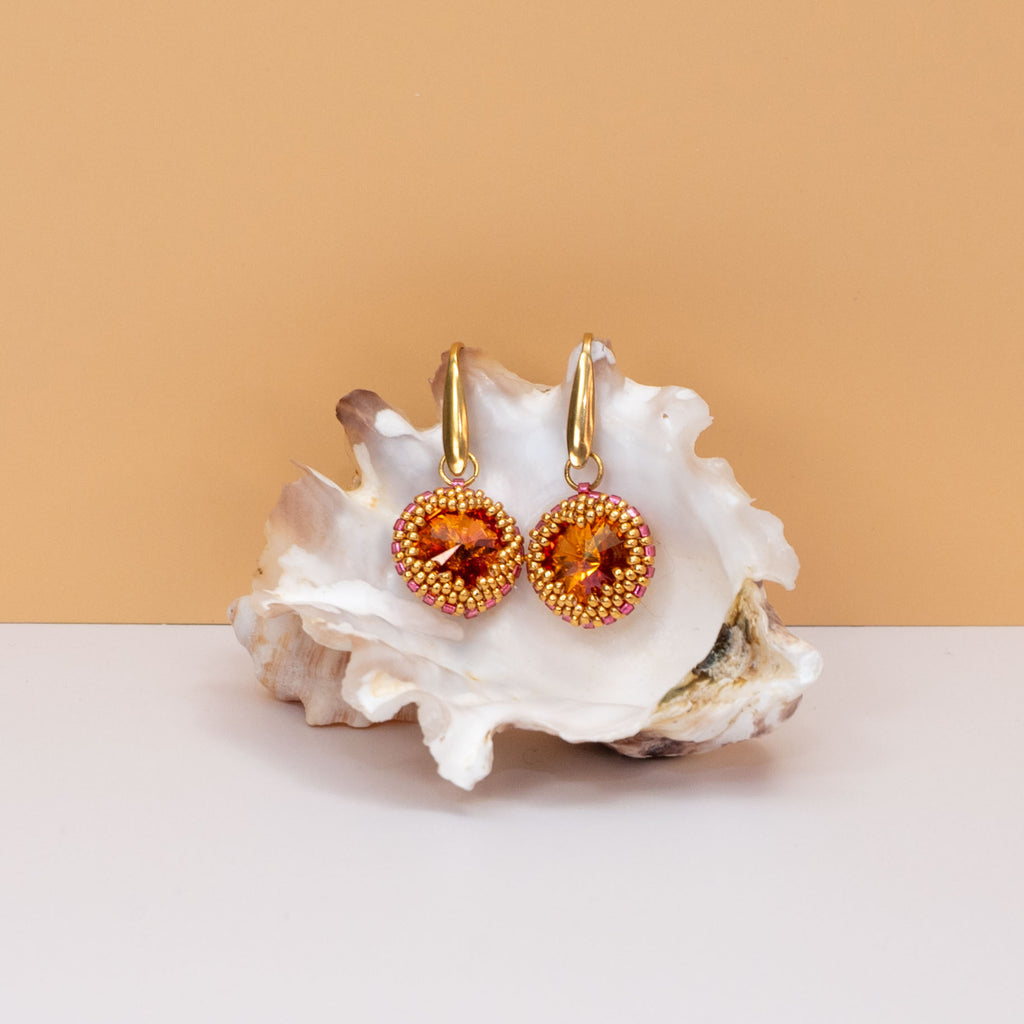 Orange Crystal Earrings - Beaded Heart Shaped Earrings with Crystal Rivoli