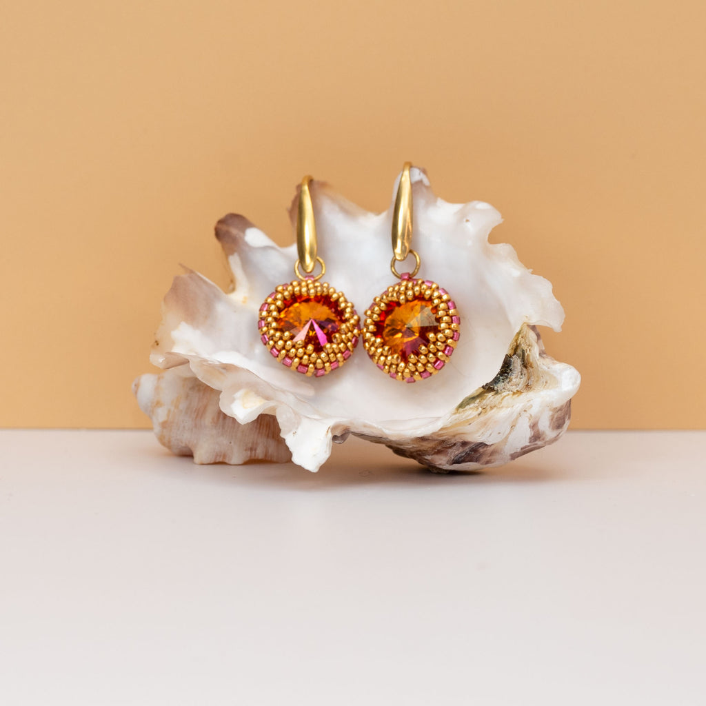 Orange Crystal Earrings - Beaded Heart Shaped Earrings with Crystal Rivoli